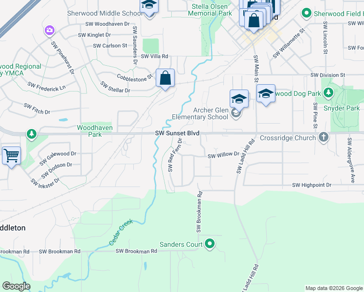 map of restaurants, bars, coffee shops, grocery stores, and more near 23531 Southwest Red Fern Drive in Sherwood