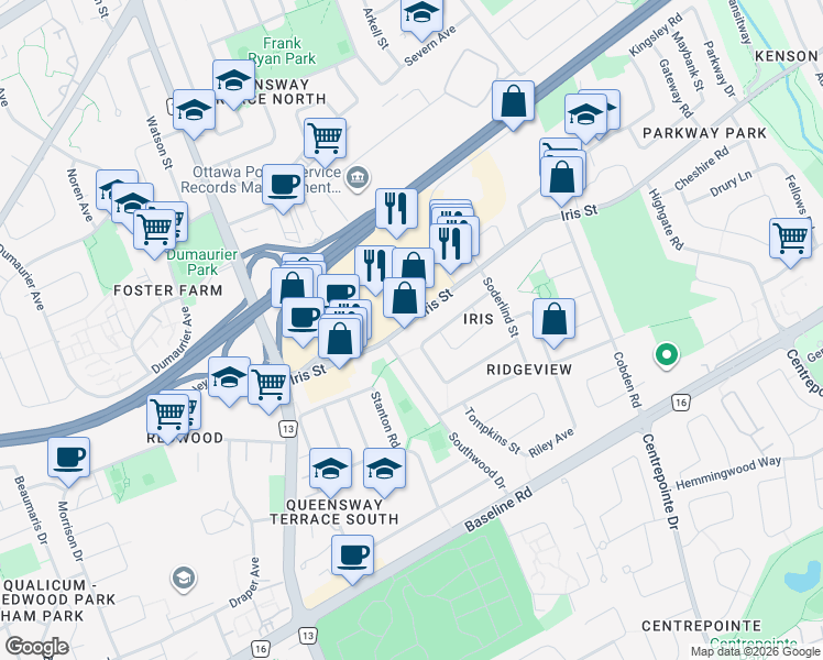 map of restaurants, bars, coffee shops, grocery stores, and more near 2660 Iris Street in Ottawa