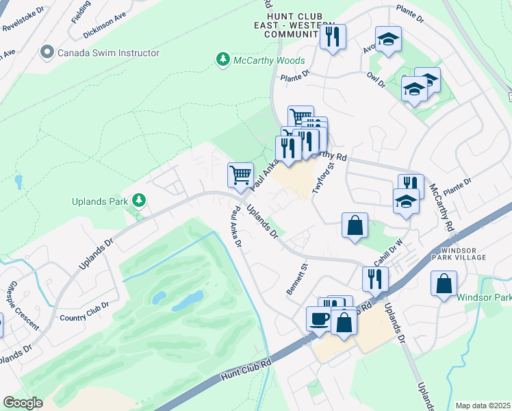 map of restaurants, bars, coffee shops, grocery stores, and more near Paul Anka Drive in Ottawa
