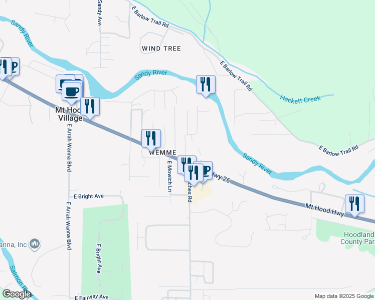map of restaurants, bars, coffee shops, grocery stores, and more near 23995 East Farragut Street in Mount Hood Village