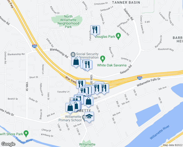 map of restaurants, bars, coffee shops, grocery stores, and more near Blankenship Rd & 10th St in West Linn