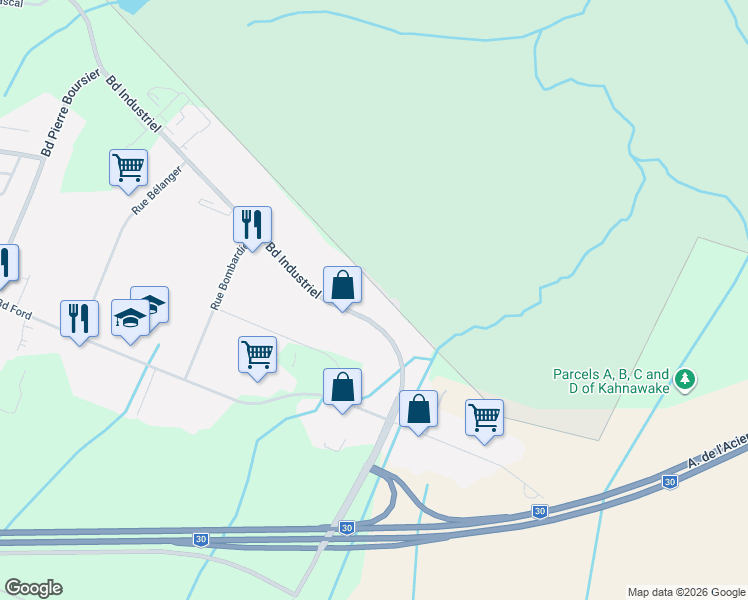 map of restaurants, bars, coffee shops, grocery stores, and more near 250 Boulevard Industriel in Châteauguay