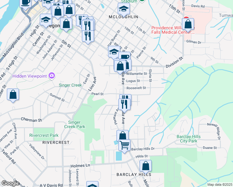 map of restaurants, bars, coffee shops, grocery stores, and more near 321 Pearl Street in Oregon City