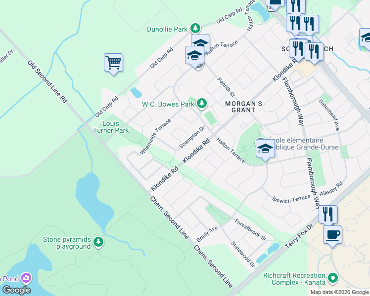map of restaurants, bars, coffee shops, grocery stores, and more near 61 Scampton Drive in Ottawa