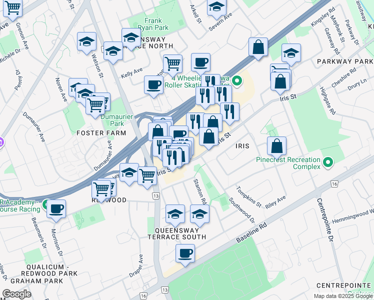map of restaurants, bars, coffee shops, grocery stores, and more near 9289 Iris Street in Ottawa
