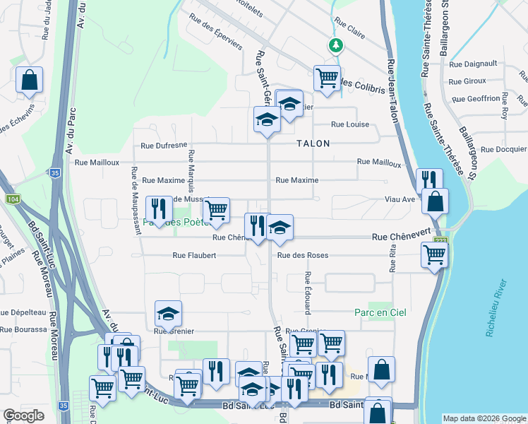 map of restaurants, bars, coffee shops, grocery stores, and more near 170 Rue Saint-Gérard in Saint-Jean-sur-Richelieu