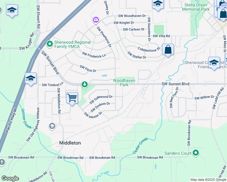 map of restaurants, bars, coffee shops, grocery stores, and more near 23597 Southwest Pinehurst Drive in Sherwood
