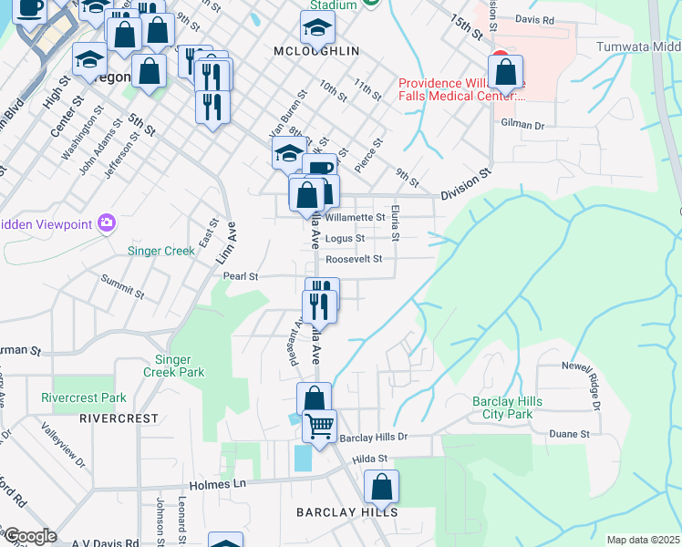 map of restaurants, bars, coffee shops, grocery stores, and more near 415 Pearl Street in Oregon City