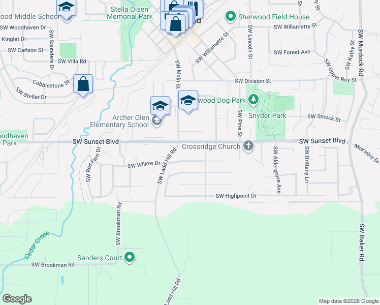 map of restaurants, bars, coffee shops, grocery stores, and more near 15981 Southwest Hawk Court in Sherwood
