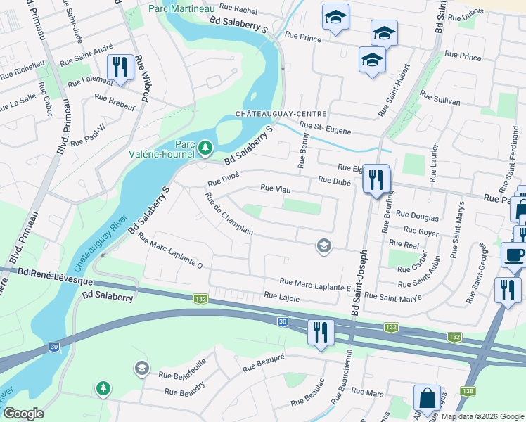 map of restaurants, bars, coffee shops, grocery stores, and more near 261 Rue Albert in Châteauguay