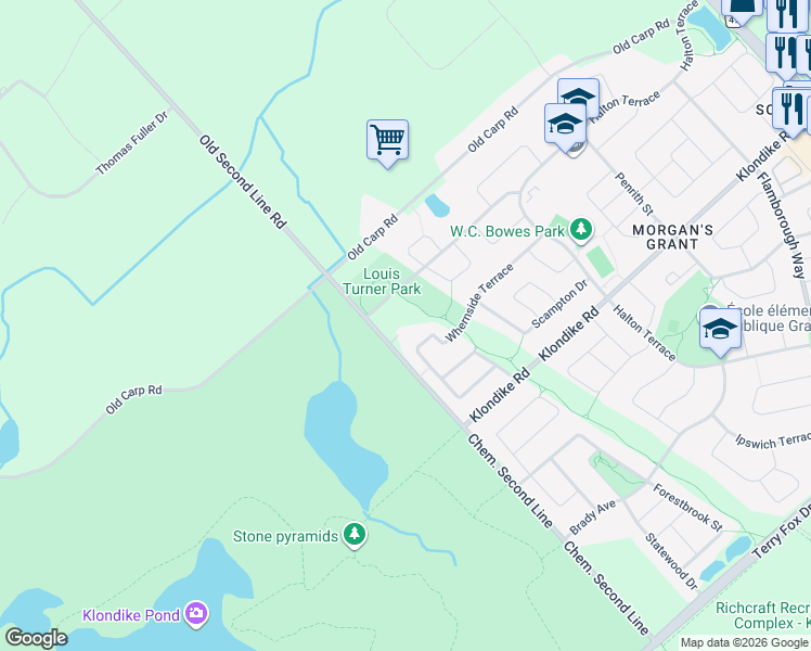 map of restaurants, bars, coffee shops, grocery stores, and more near 94 Whernside Terrace in Ottawa