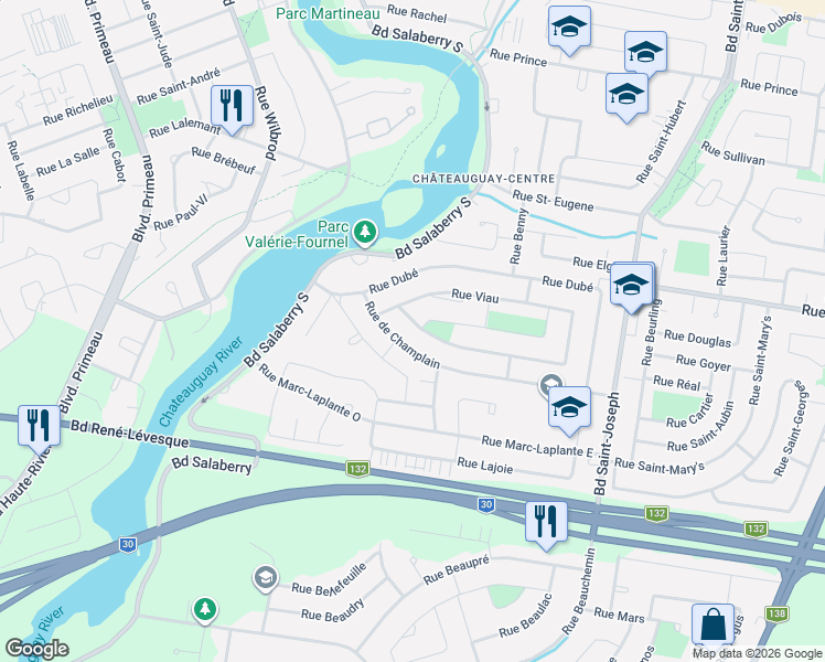 map of restaurants, bars, coffee shops, grocery stores, and more near 146 Rue Viau in Châteauguay