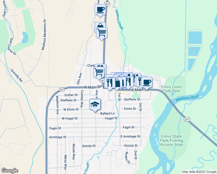 map of restaurants, bars, coffee shops, grocery stores, and more near in Ennis