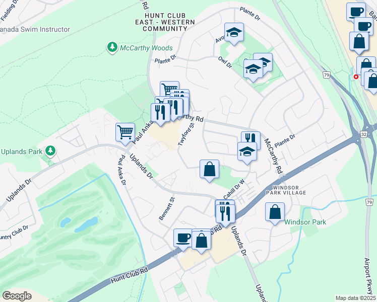 map of restaurants, bars, coffee shops, grocery stores, and more near 131 Twyford Street in Ottawa