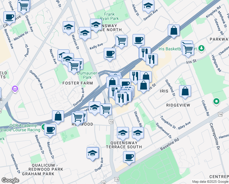 map of restaurants, bars, coffee shops, grocery stores, and more near 2735 Iris Street in Ottawa