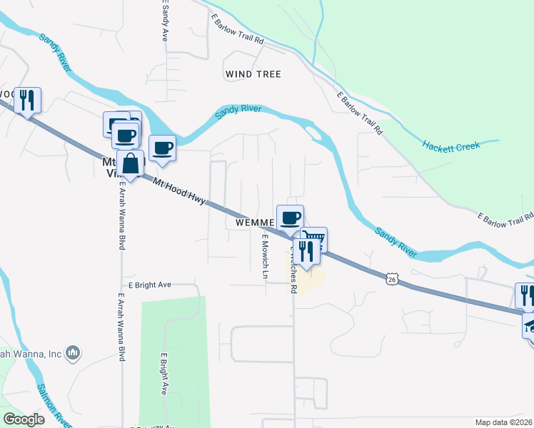map of restaurants, bars, coffee shops, grocery stores, and more near 24125 East John Paul Jones Avenue in Mount Hood Village