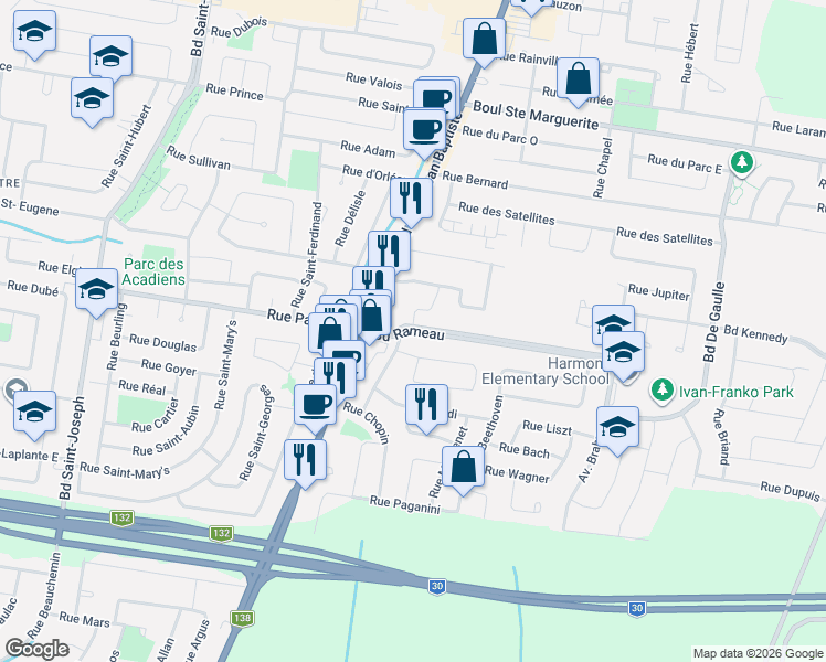 map of restaurants, bars, coffee shops, grocery stores, and more near 171 Boulevard Rameau in Châteauguay