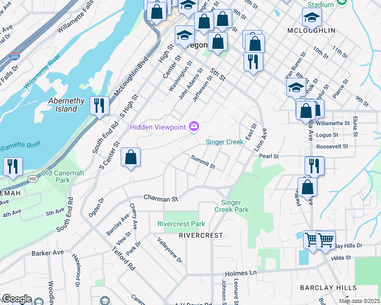 map of restaurants, bars, coffee shops, grocery stores, and more near 921 Brighton Avenue in Oregon City