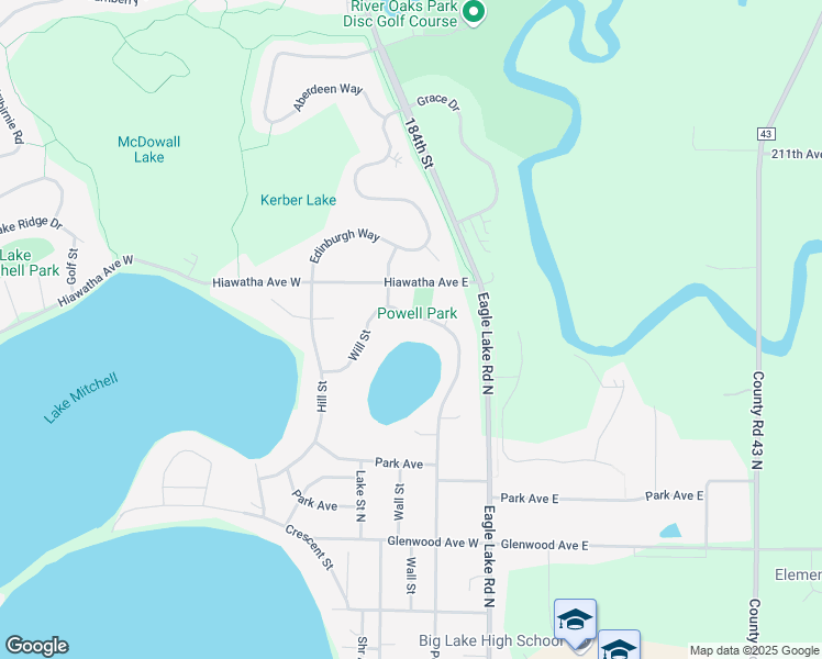 map of restaurants, bars, coffee shops, grocery stores, and more near 1431 Powell Street North in Big Lake