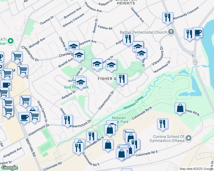 map of restaurants, bars, coffee shops, grocery stores, and more near 160 Chesterton Drive in Ottawa