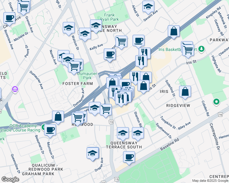 map of restaurants, bars, coffee shops, grocery stores, and more near 2735 Iris Street in Ottawa