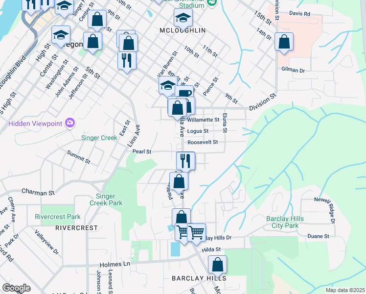 map of restaurants, bars, coffee shops, grocery stores, and more near 211 Molalla Avenue in Oregon City