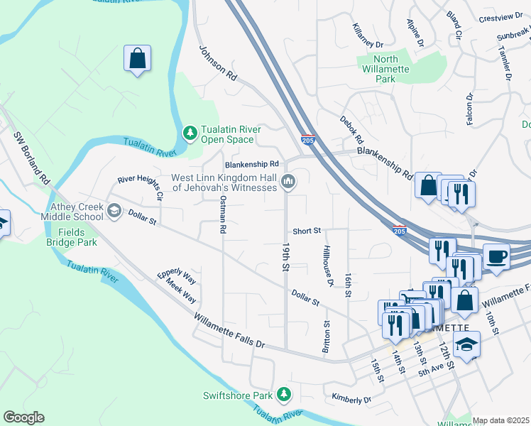 map of restaurants, bars, coffee shops, grocery stores, and more near 1247 Farrview Court in West Linn