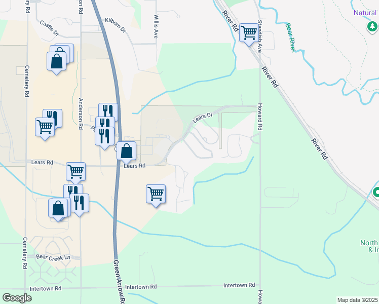 map of restaurants, bars, coffee shops, grocery stores, and more near 905 Glen Haven Circle in Petoskey