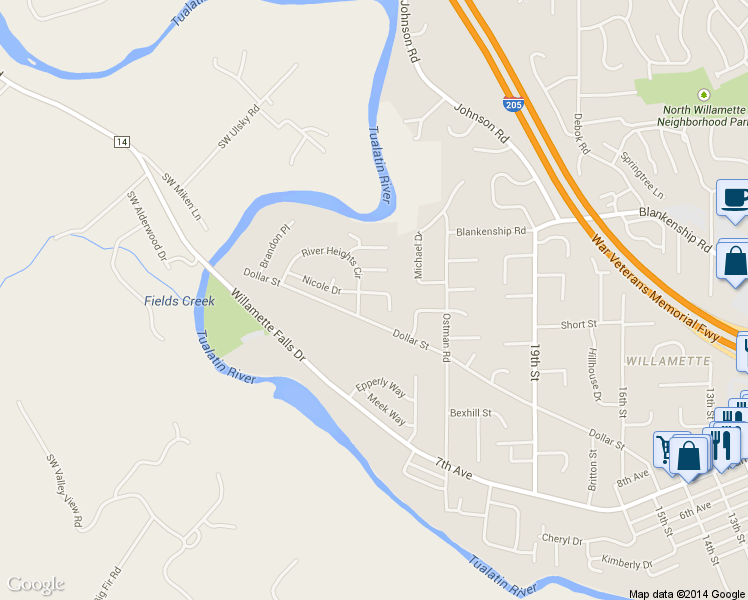 map of restaurants, bars, coffee shops, grocery stores, and more near 805 Nicole Court in West Linn