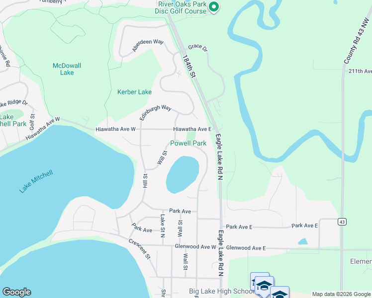 map of restaurants, bars, coffee shops, grocery stores, and more near 1431 Powell Street North in Big Lake