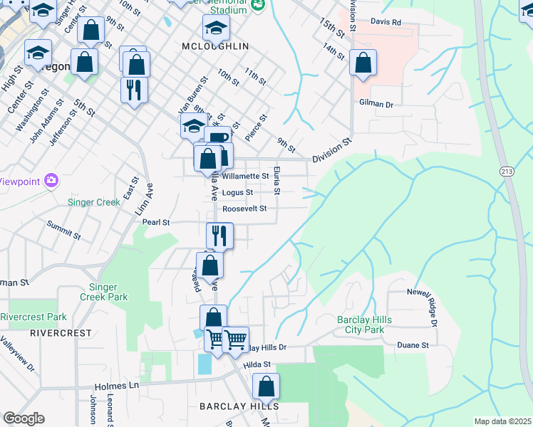 map of restaurants, bars, coffee shops, grocery stores, and more near 526 Roosevelt Street in Oregon City