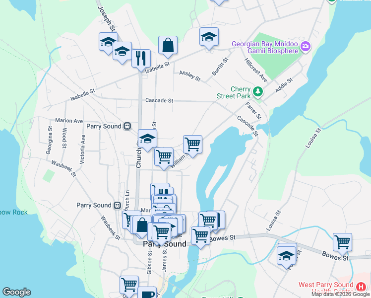map of restaurants, bars, coffee shops, grocery stores, and more near 32 A William Street in Parry Sound