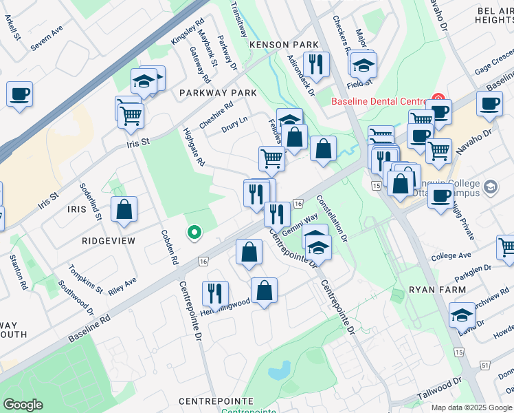 map of restaurants, bars, coffee shops, grocery stores, and more near 1399 Highgate Road in Ottawa