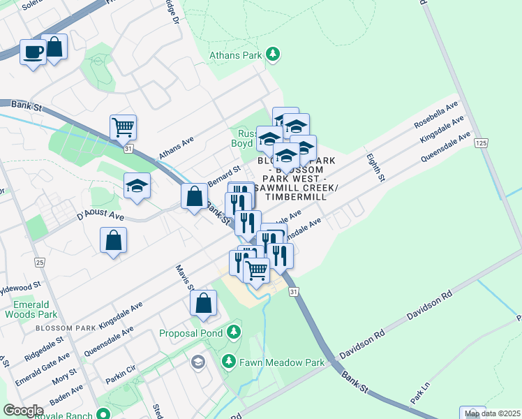 map of restaurants, bars, coffee shops, grocery stores, and more near 1703 Rosebella Avenue in Ottawa