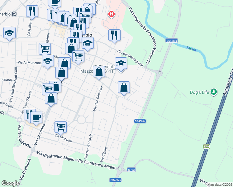 map of restaurants, bars, coffee shops, grocery stores, and more near 72 Via Piave in Manerbio