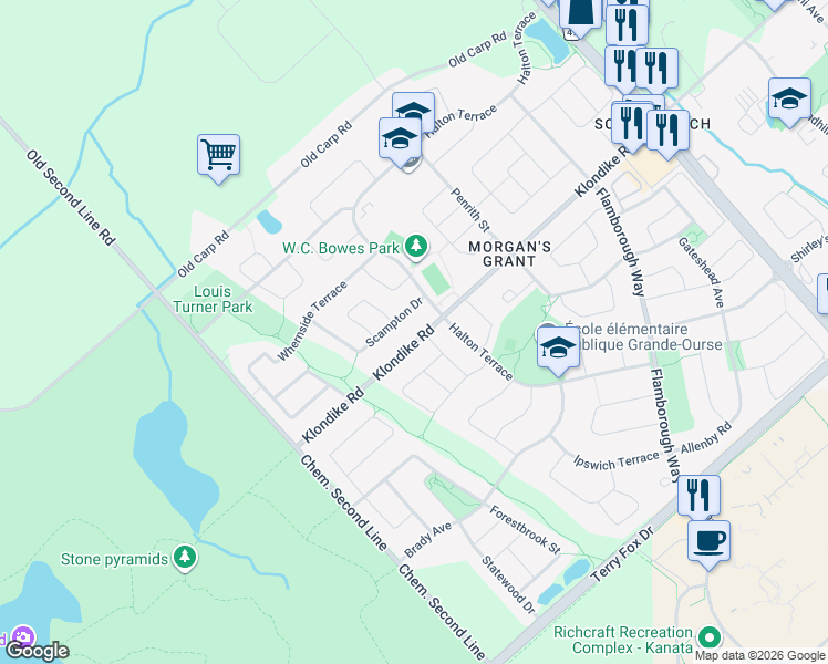 map of restaurants, bars, coffee shops, grocery stores, and more near 1243 Klondike Road in Ottawa
