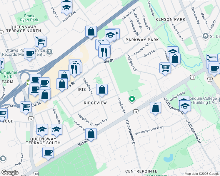 map of restaurants, bars, coffee shops, grocery stores, and more near 2350 Badger Crescent in Ottawa