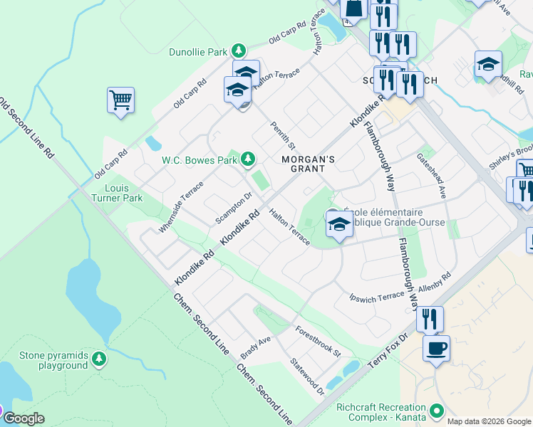 map of restaurants, bars, coffee shops, grocery stores, and more near 1316 Halton Terrace in Ottawa