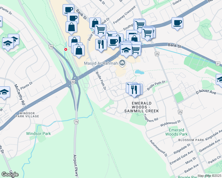 map of restaurants, bars, coffee shops, grocery stores, and more near 174 Equus Way in Ottawa