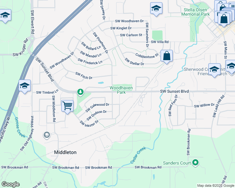 map of restaurants, bars, coffee shops, grocery stores, and more near 17345 Southwest Inkster Drive in Sherwood