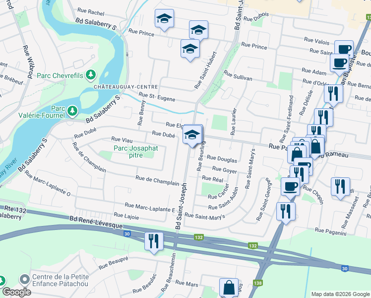 map of restaurants, bars, coffee shops, grocery stores, and more near 124 Boulevard Saint Joseph in Châteauguay