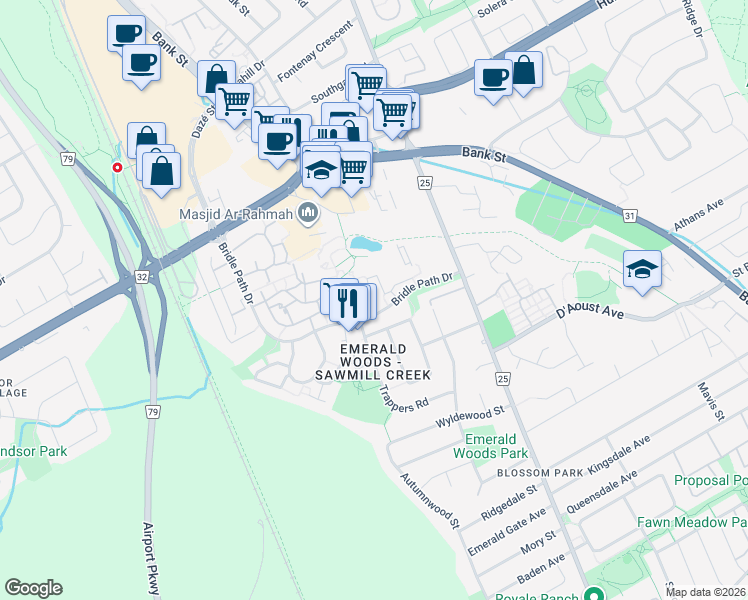 map of restaurants, bars, coffee shops, grocery stores, and more near 1106-2750 Carousel Crescent in Ottawa