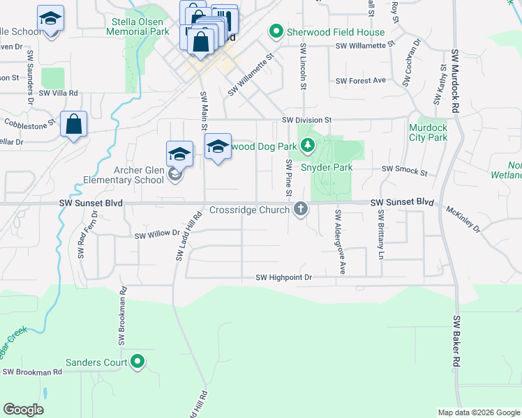 map of restaurants, bars, coffee shops, grocery stores, and more near 15687 Southwest Hawk Court in Sherwood