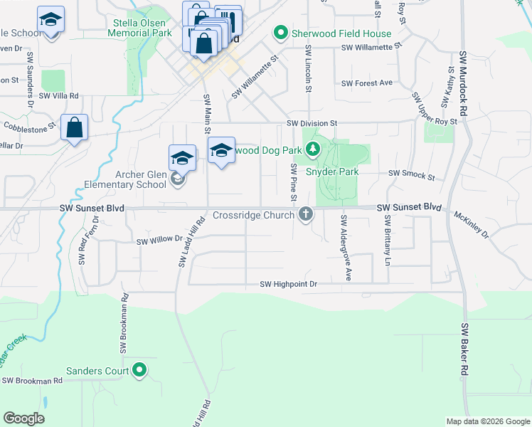 map of restaurants, bars, coffee shops, grocery stores, and more near 15687 Southwest Hawk Court in Sherwood