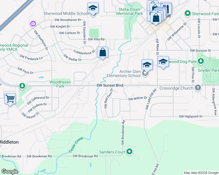 map of restaurants, bars, coffee shops, grocery stores, and more near 23531 Southwest Red Fern Drive in Sherwood