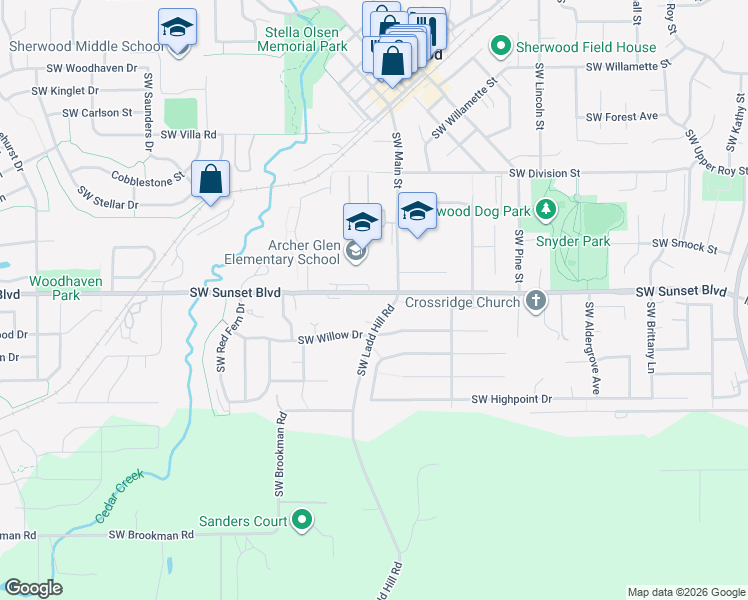 map of restaurants, bars, coffee shops, grocery stores, and more near 16116 Southwest Sunset Boulevard in Sherwood