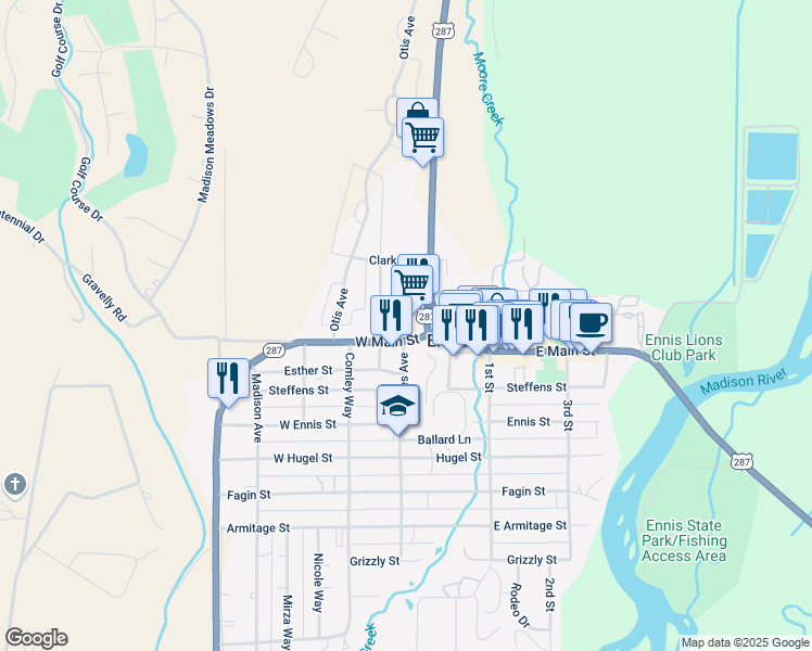 map of restaurants, bars, coffee shops, grocery stores, and more near 310 Highway 287 in Ennis