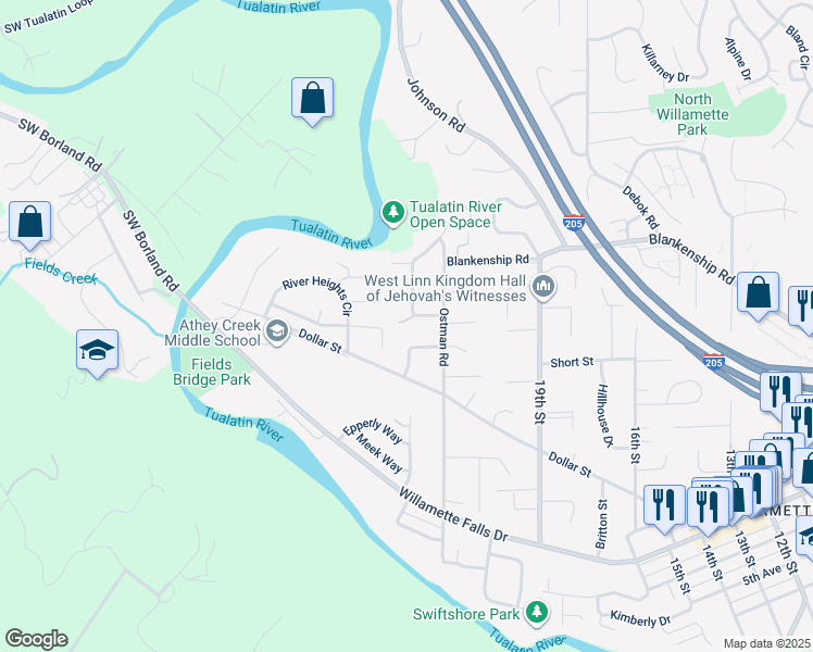 map of restaurants, bars, coffee shops, grocery stores, and more near 2205 Michael Drive in West Linn