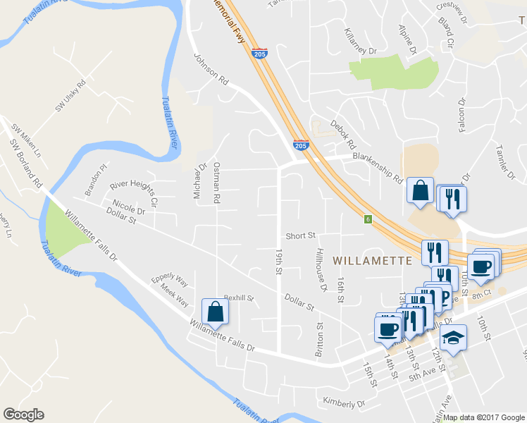 map of restaurants, bars, coffee shops, grocery stores, and more near 1247 Farrview Court in West Linn