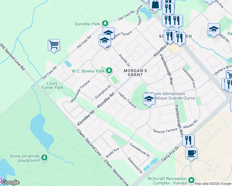 map of restaurants, bars, coffee shops, grocery stores, and more near 1310 Halton Terrace in Ottawa